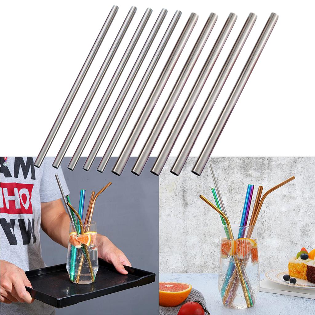 10pcs Stainless Steel Drinking Straw Cocktail Straws Party Supplies Silver