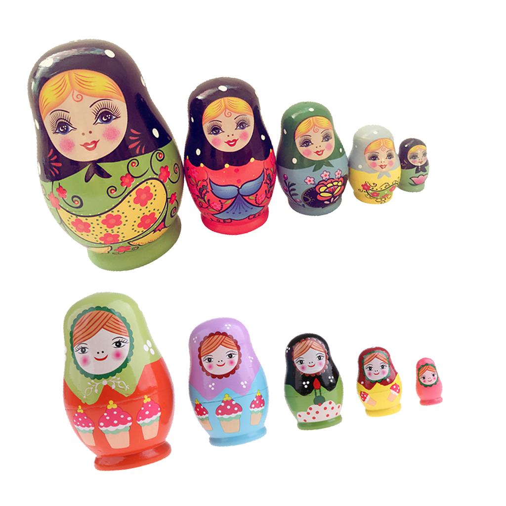 2 Set Wooden Russian Nesting Dolls Kits Matryoshka for Doll Kids Xmas Gifts