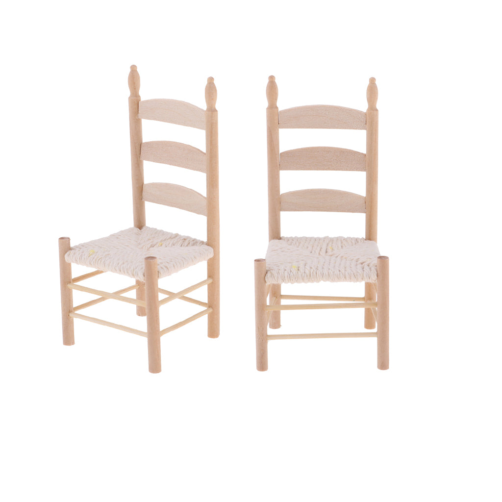 2pcs 1/12 Dollhouse Miniatures Furniture Wooden Mini Chair Natural Wood