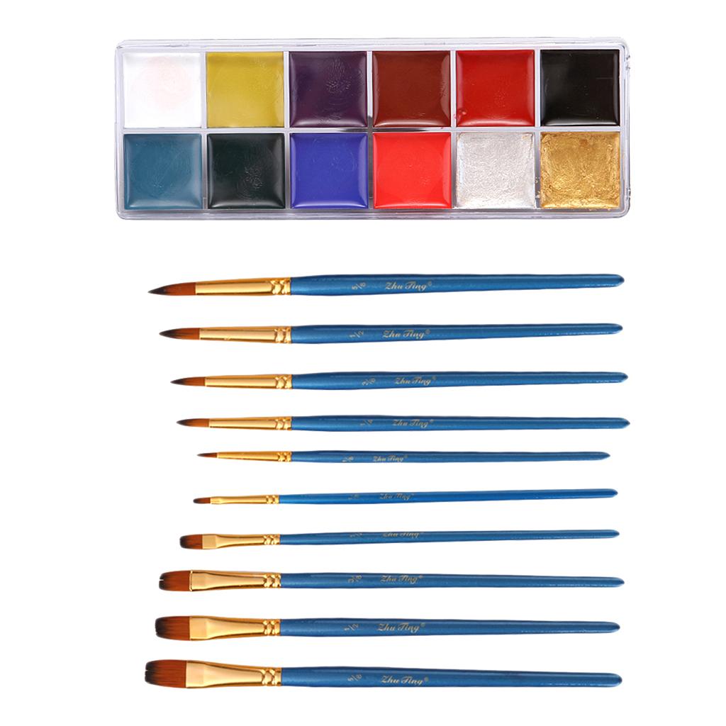 12 Colors Face Body Art Paints Make Up Palette with 10pcs Painting Brushes