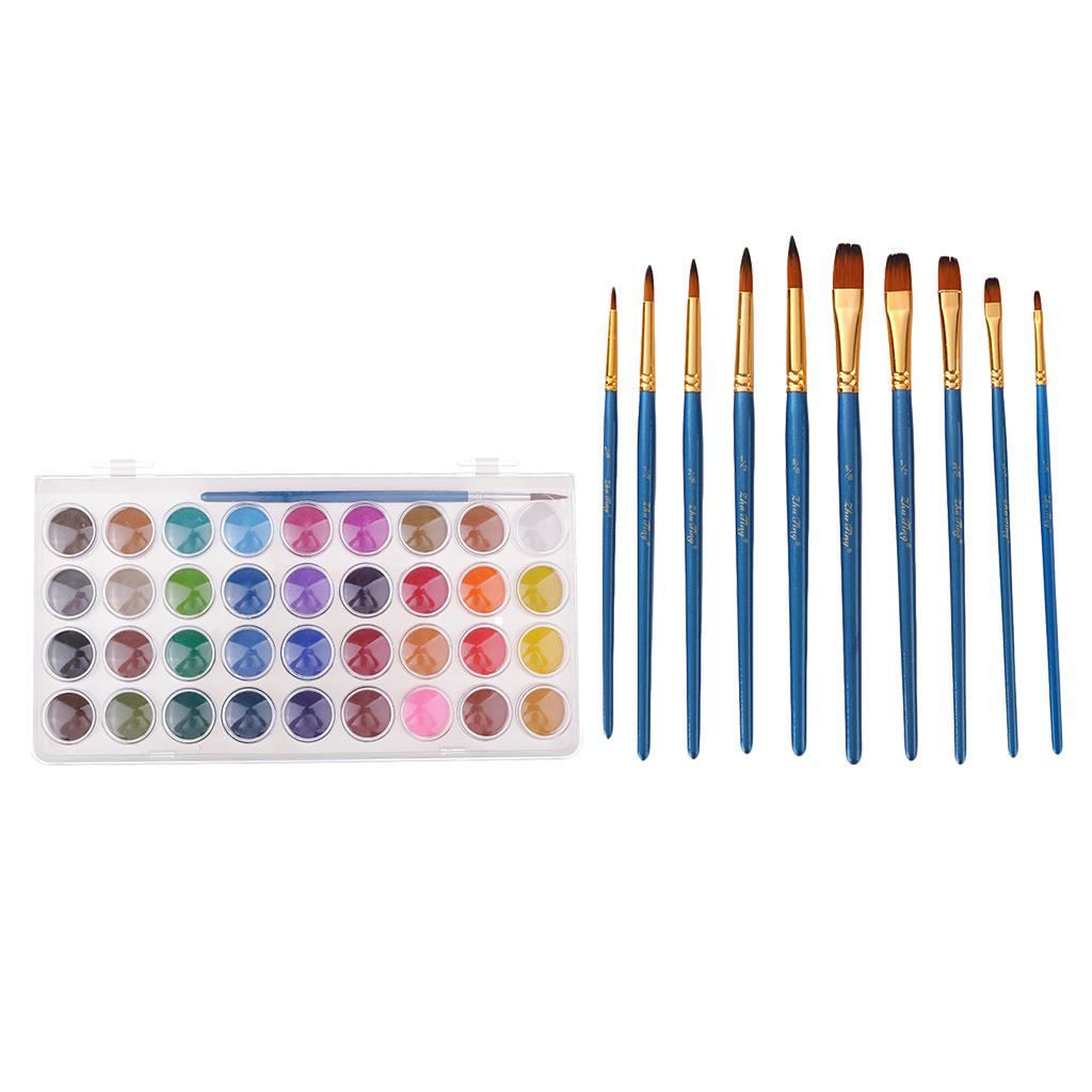 36 Colors Artist Solid Watercolor Paints Pan Set With 10pcs Painting Brushes