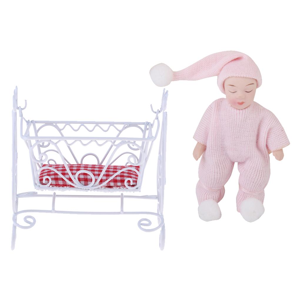 1/12 Dollhouse Miniature Cradle Rocking Bed & Porcelain Sleeping Baby Doll