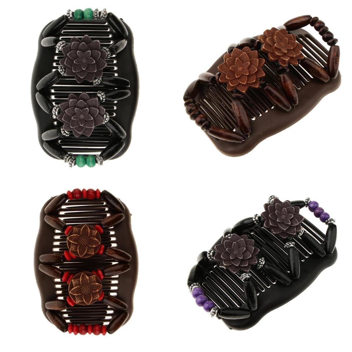4x Women's Elastic Double Hair Comb with Wooden Bead Hair Clip Hair Jewelry
