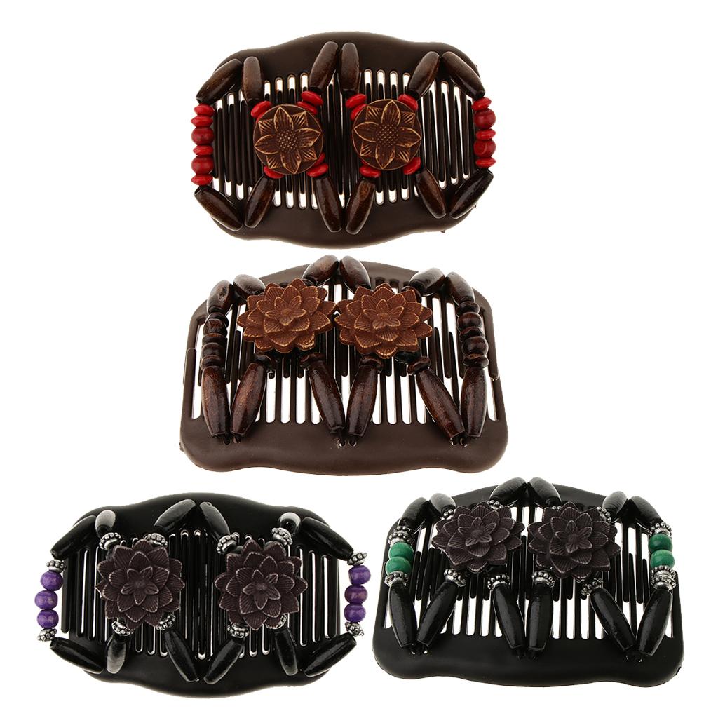 4x Women's Elastic Double Hair Comb with Wooden Bead Hair Clip Hair Jewelry