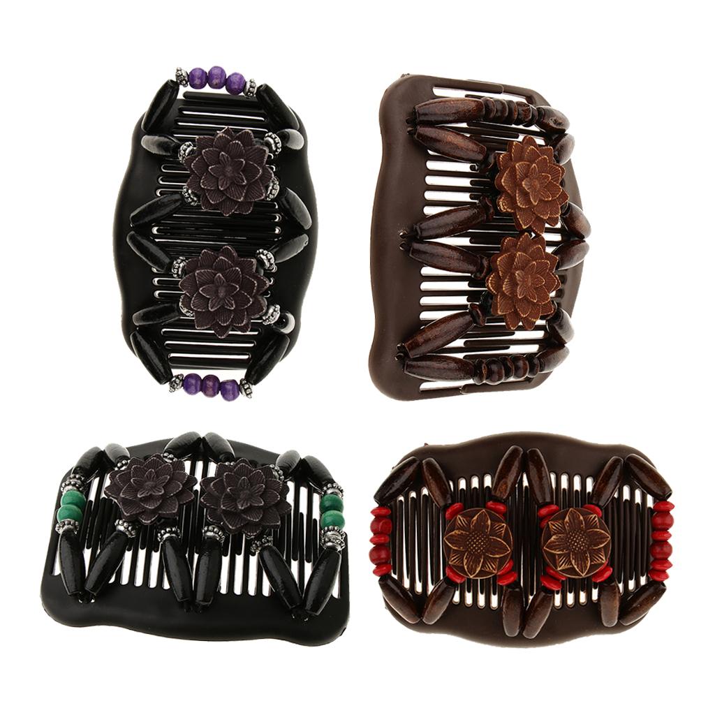 4x Women's Elastic Double Hair Comb with Wooden Bead Hair Clip Hair Jewelry