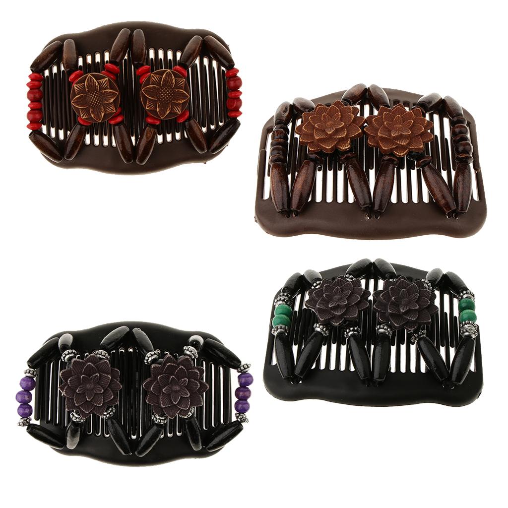 4x Women's Elastic Double Hair Comb with Wooden Bead Hair Clip Hair Jewelry