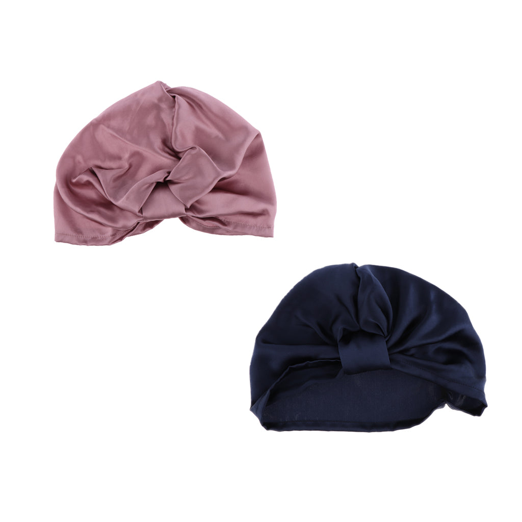 2/set Womens Pure Silk Sleep Hats Wrap Night Cap Hair Care Bonnet Pink Blue