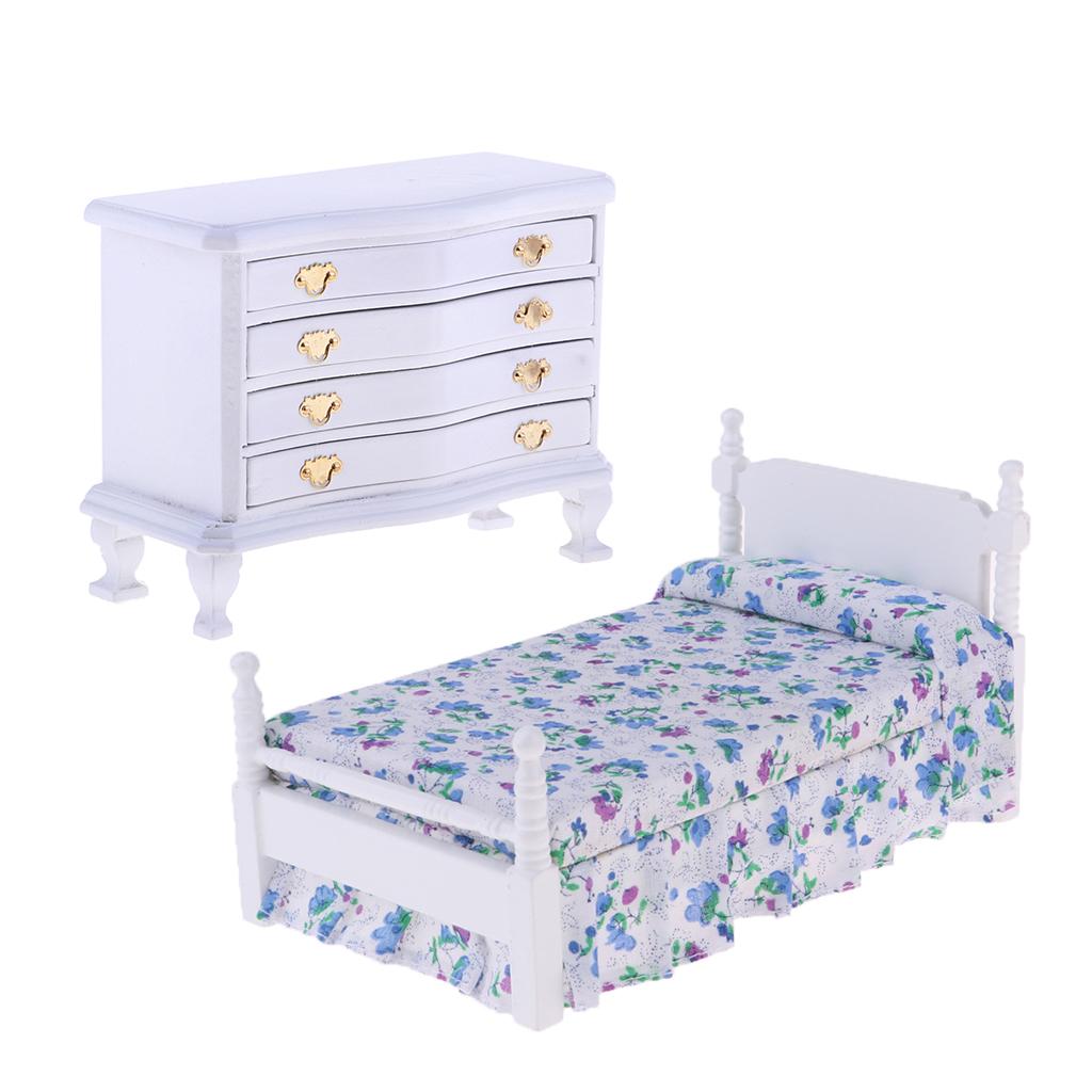 1:12 Dollhouse Miniature Furniture Wooden Single Bed & Bedside Cabinet Decor
