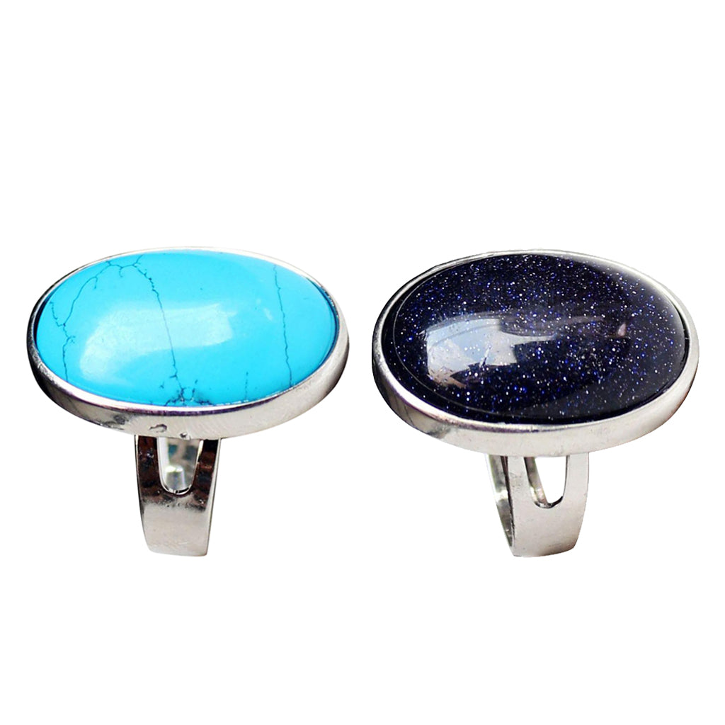 2 Pieces Natural Crystal Oval Gemstone Wedding Finger Ring Adjustable Band