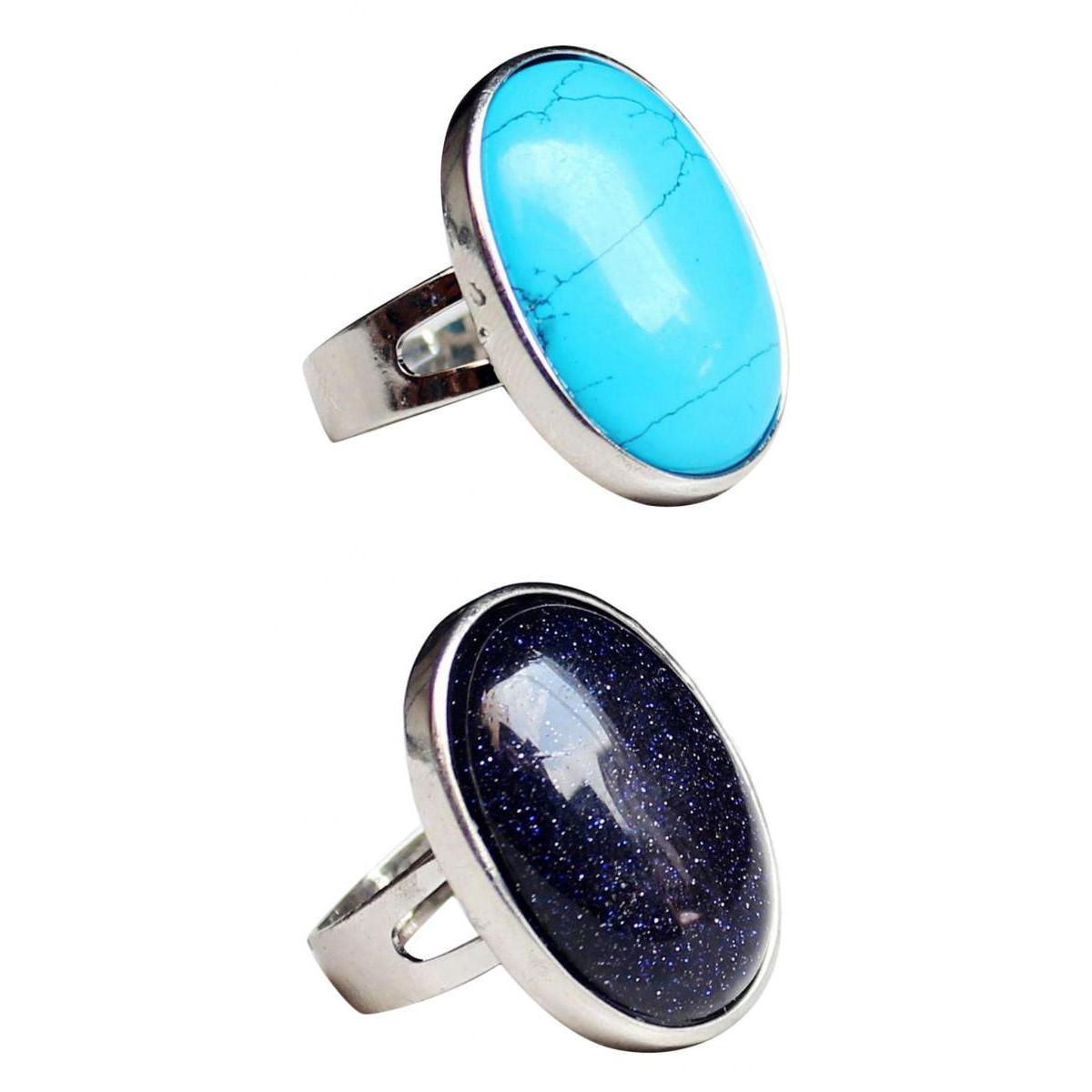 2 Pieces Natural Crystal Oval Gemstone Wedding Finger Ring Adjustable Band