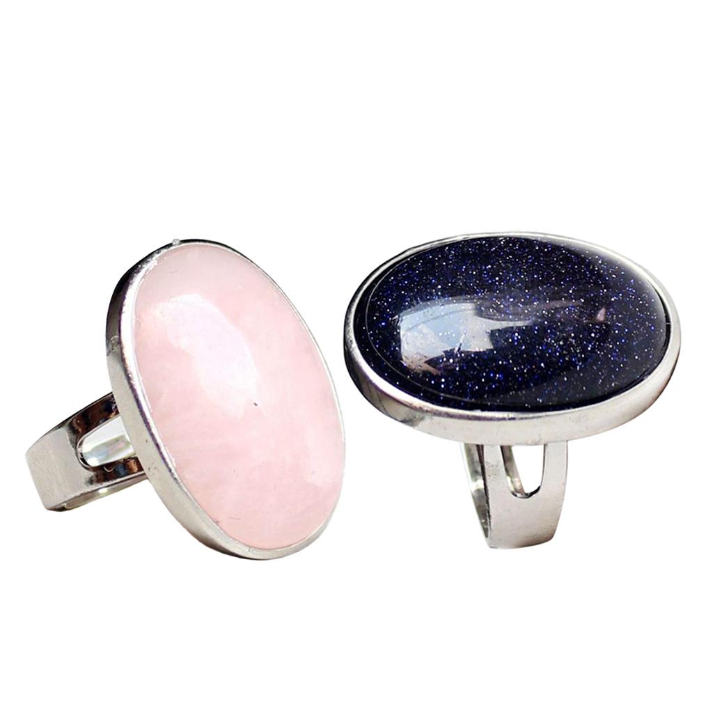 2 Pieces Natural Crystal Oval Gemstone Wedding Party Finger Ring Adjustable