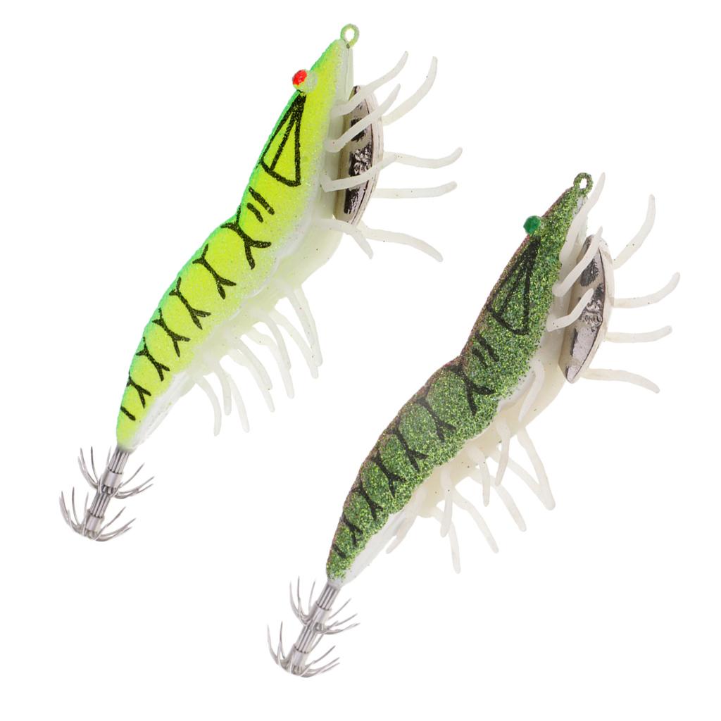 2pcs Glow in Dark Squid Jig Hooks Shrimp Fishing Lures w/ Luminous Soft Legs