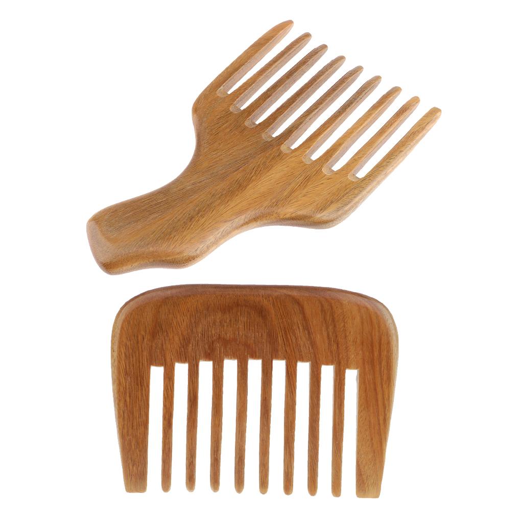 2x Natural Wood Wide Tooth Comb Detangler Brush Anti Static Green Sandalwood