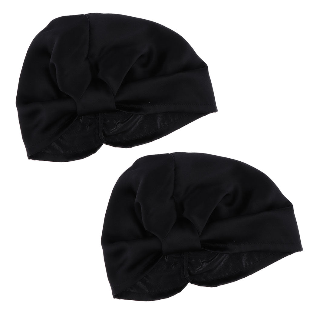 2pcs Womens Pure Silk Sleep Hats Wrap Night Cap Hair Care Bonnet Black