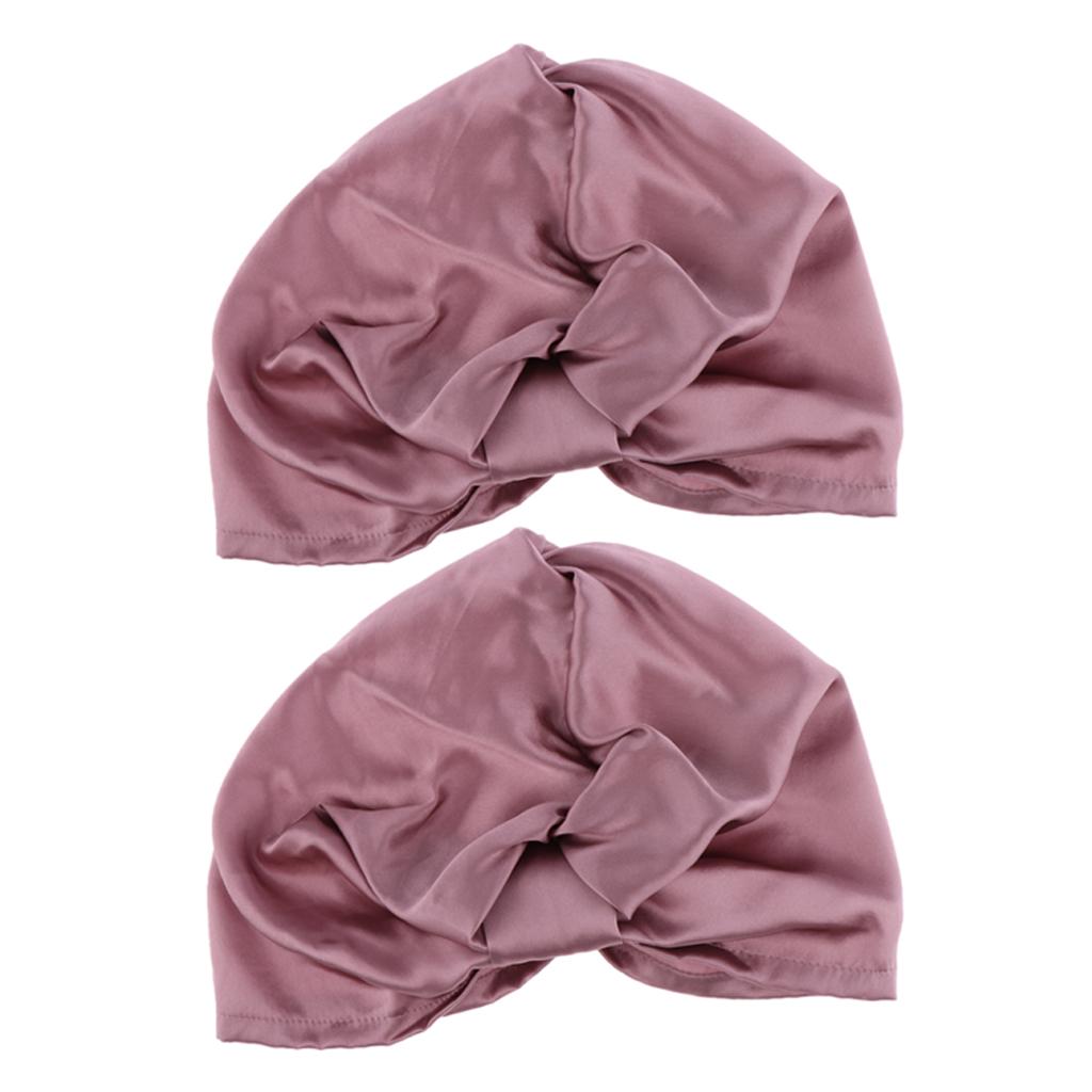 2pcs Womens Pure Silk Sleep Hats Wrap Night Cap Hair Care Bonnet Pink