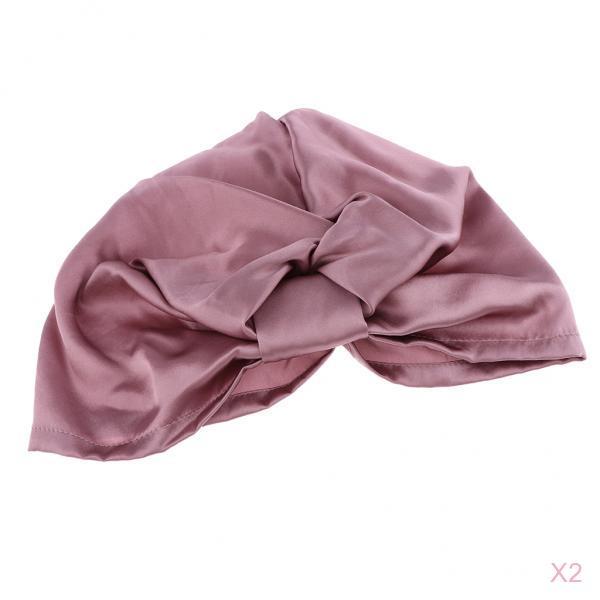 2pcs Womens Pure Silk Sleep Hats Wrap Night Cap Hair Care Bonnet Pink