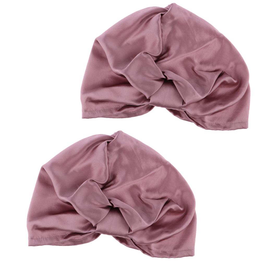 2pcs Womens Pure Silk Sleep Hats Wrap Night Cap Hair Care Bonnet Pink