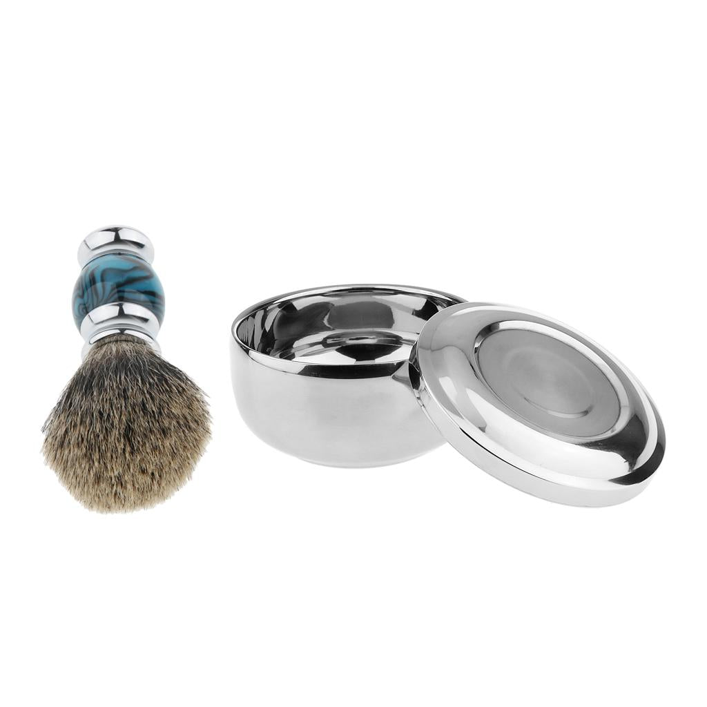 Alloy Men Shaving Bowl Beard Soap Cup with Lid + Wood Handle Shave Brush