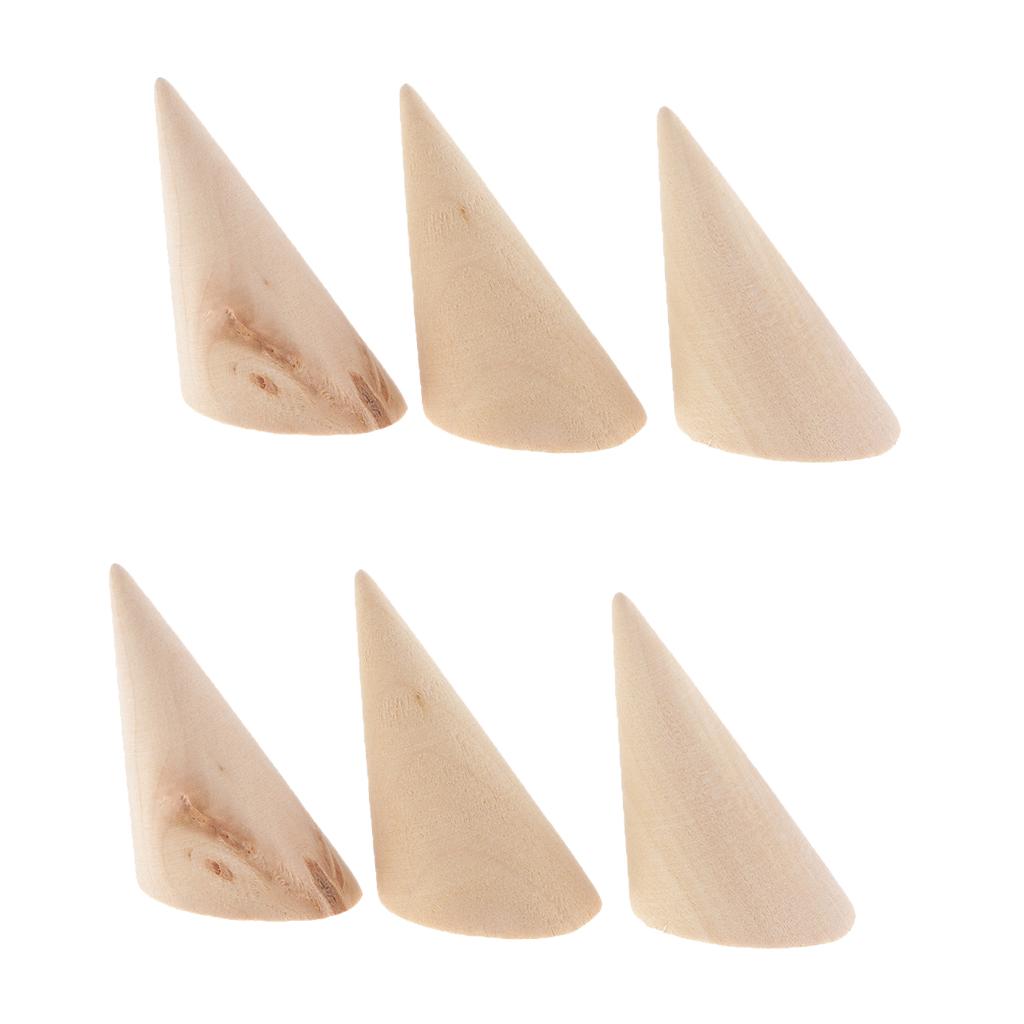 6pcs Unpainted Plain Cone Wooden Ring Jewelry Display Stand Organize Holder
