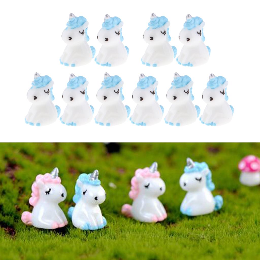 10Pcs Mini Resin Cute Unicorn Statues Miniature Fairy Garden Ornaments Blue