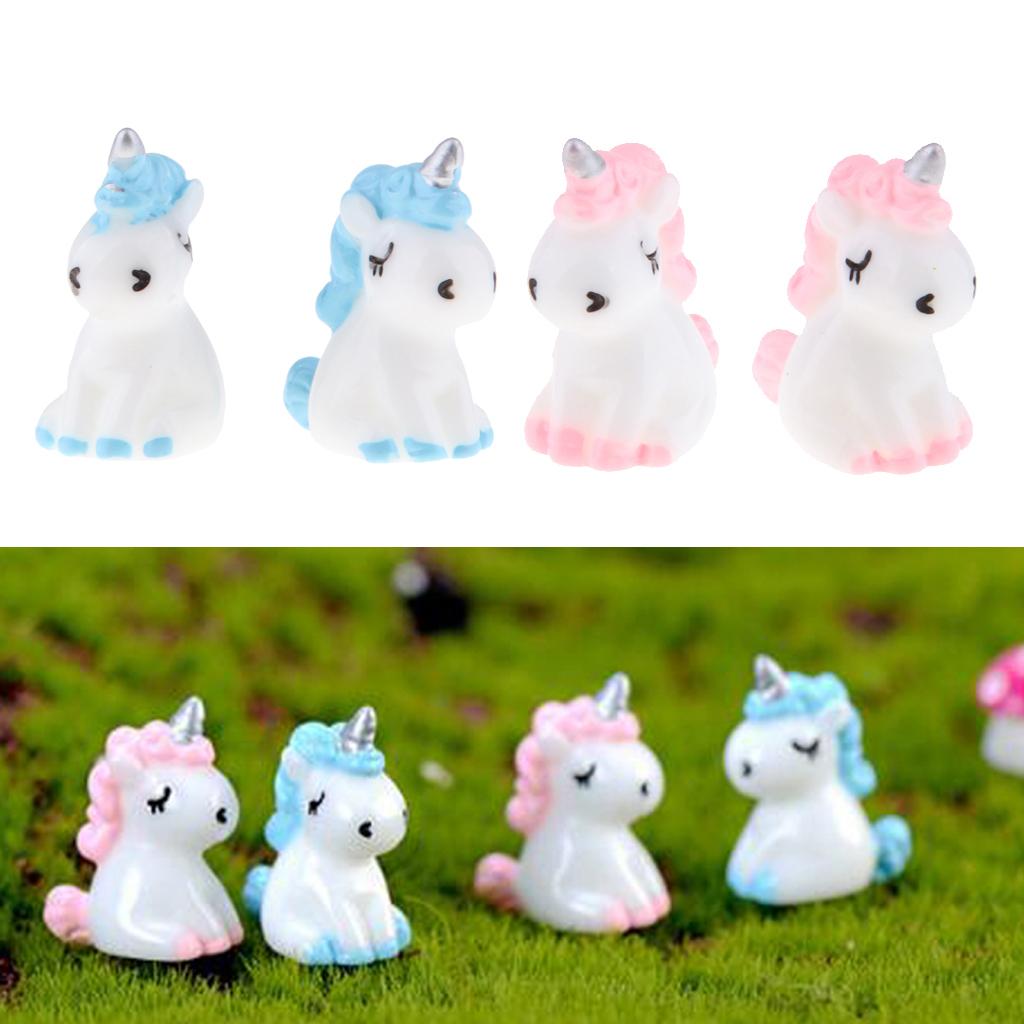 4Pcs Mini Resin Unicorn Statues Miniature Fairy Garden Ornaments Blue+Pink