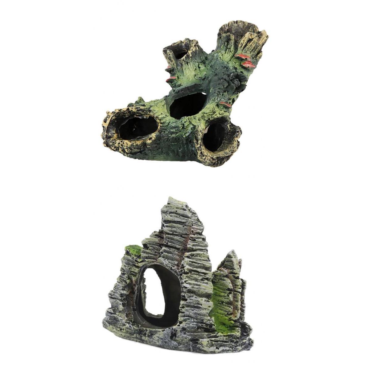 2x Resin Mountain Stone Hollow Tree Hidden Cave for Aquarium Fish Tank Decor