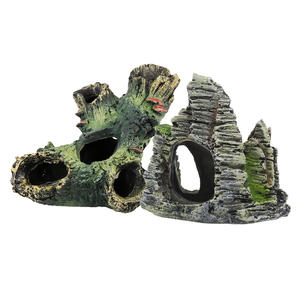 2x Resin Mountain Stone Hollow Tree Hidden Cave for Aquarium Fish Tank Decor