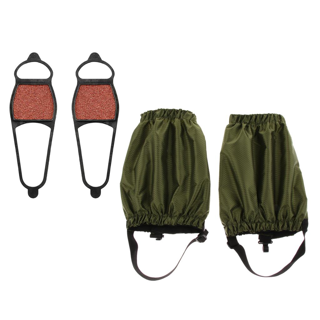 2 Pairs Walking Gaiters Boots Leggings with Snow Ice Walk Cleats Army Green