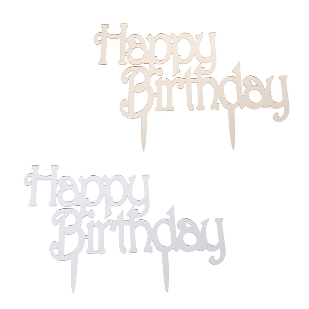 2pcs Kids Adults Acrylic Happy Birthday Cake Topper Decoration Golden+Silver