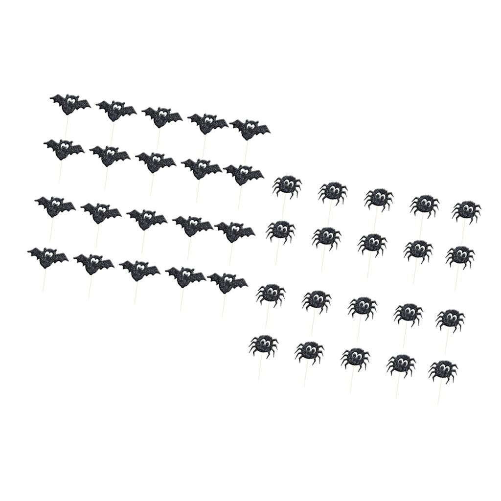 40pcs Glitter Paper Bat Spider Cake Cupcake Topper Halloween Party Supplies