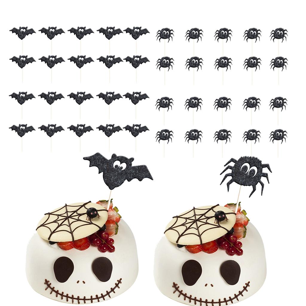 40pcs Glitter Paper Bat Spider Cake Cupcake Topper Halloween Party Supplies