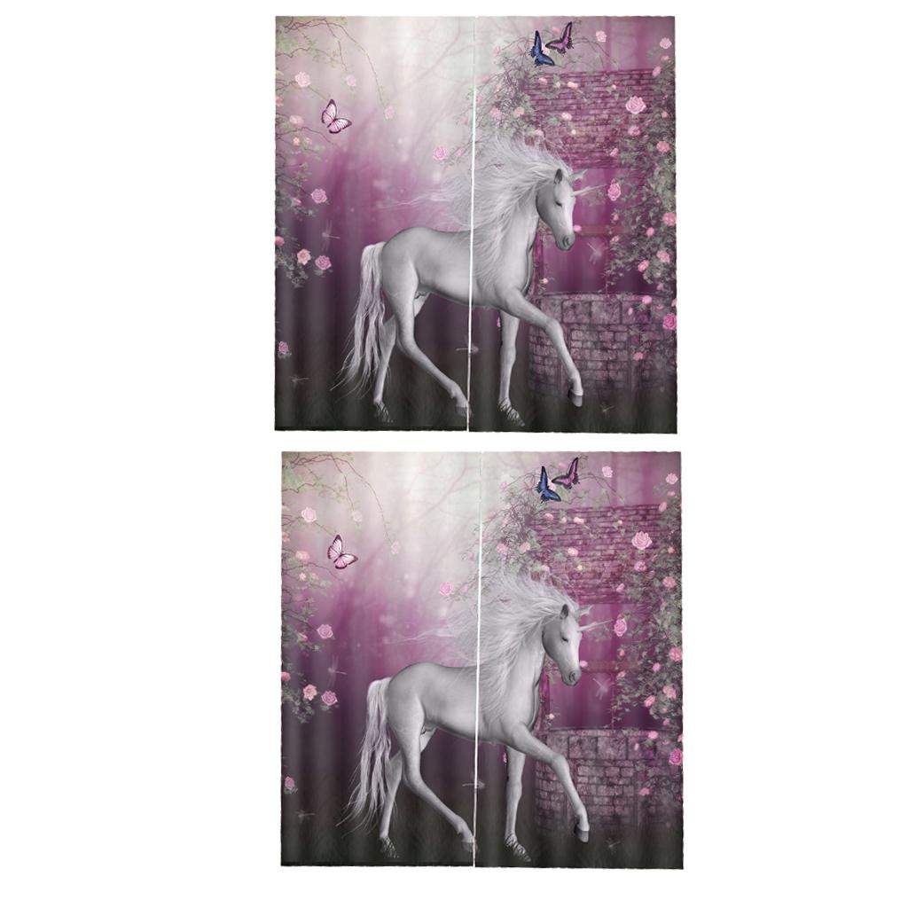 2 Set of 2 Panels Digital Photo Printing 3D Curtains Aminals Unicorn