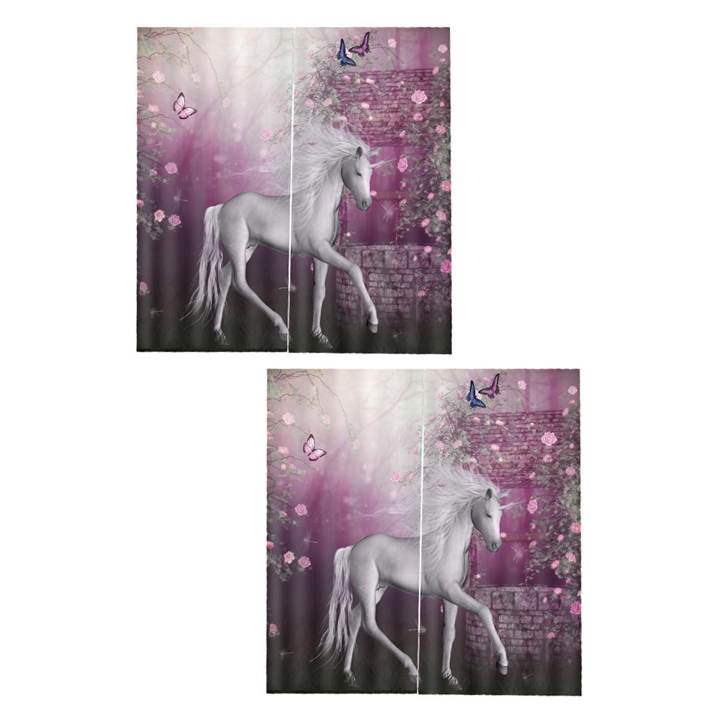 2 Set of 2 Panels Digital Photo Printing 3D Curtains Aminals Unicorn