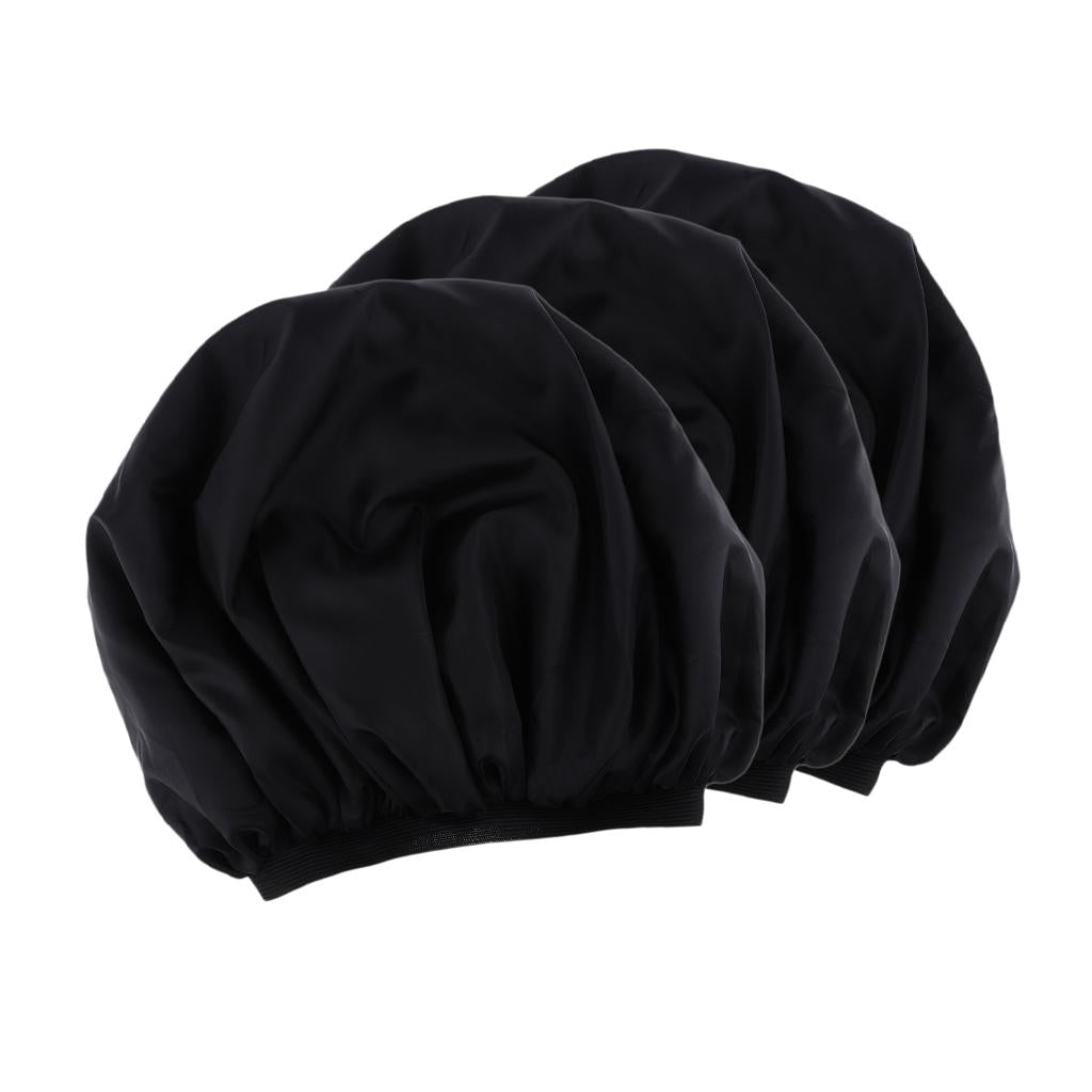3x Women Shower Cap Waterproof Elastic Bathing Hair Bonnet Head Cover Black