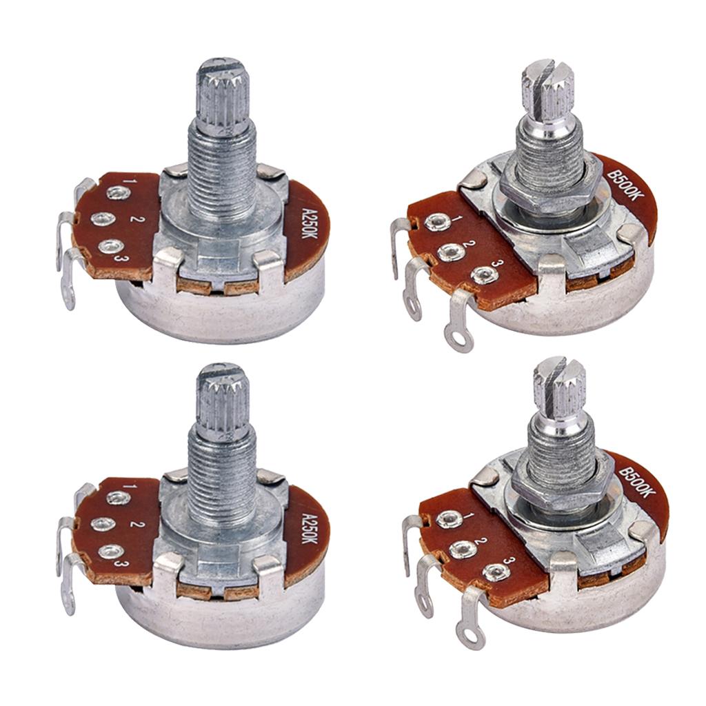 4 Pieces Audio Potentiometer Pots for Electric Guitars Bass A250K/B500K