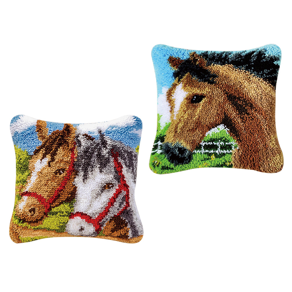 2 Set Horse Latch Hook Kits for DIY Pillow Cover Sofa Cushion Cover 43x43cm