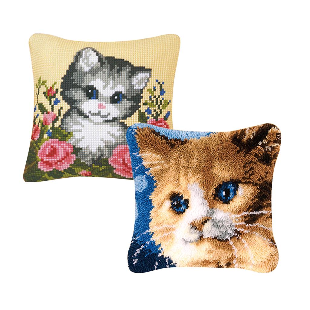 2 Set Cat Latch Hook Kits for DIY Pillow Cover Sofa Cushion Cover 43x43cm