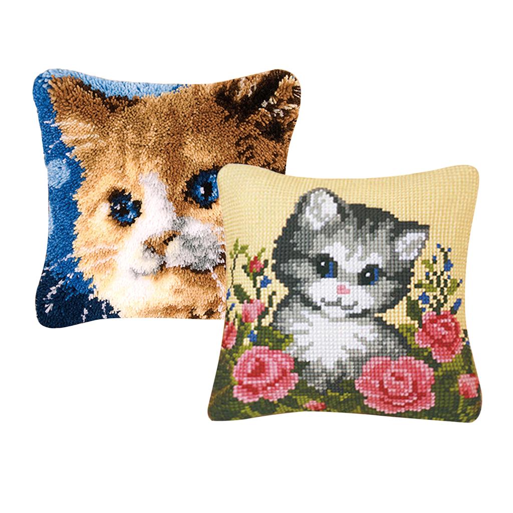 2 Set Cat Latch Hook Kits for DIY Pillow Cover Sofa Cushion Cover 43x43cm