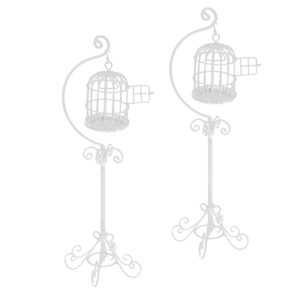 2pcs 1:12 Metal Bird Cage with Stand White Dollhouse Miniature Garden Decor