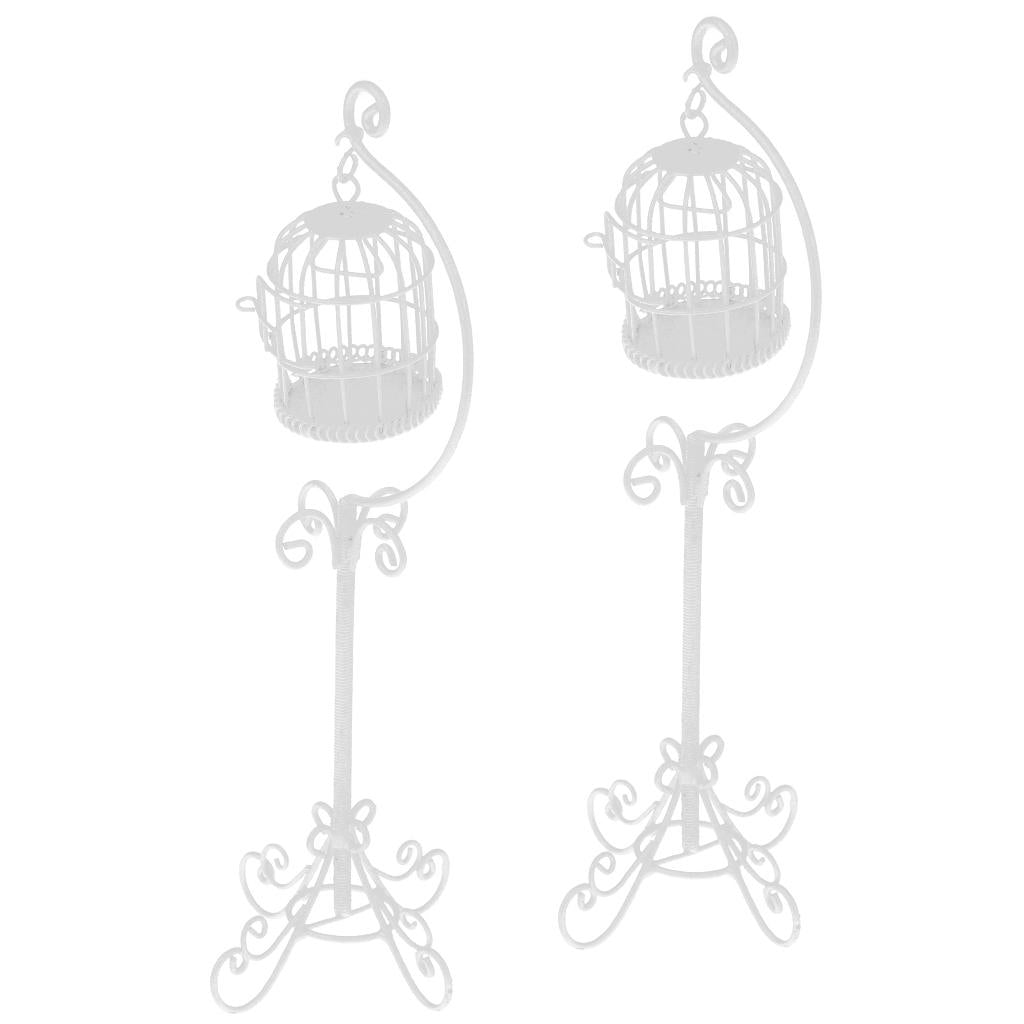 2pcs 1:12 Metal Bird Cage with Stand White Dollhouse Miniature Garden Decor
