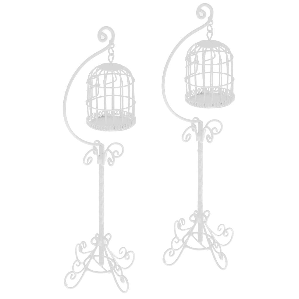 2pcs 1:12 Metal Bird Cage with Stand White Dollhouse Miniature Garden Decor
