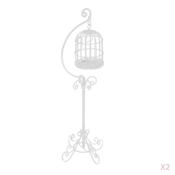 2pcs 1:12 Metal Bird Cage with Stand White Dollhouse Miniature Garden Decor