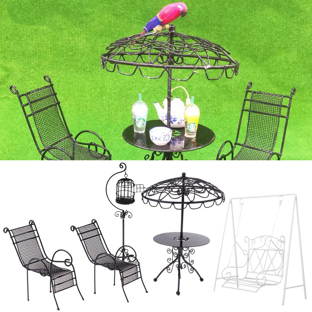 1/12 Dollhouse Miniature Metal Table Chairs Set with Decor Kits Garden Accs