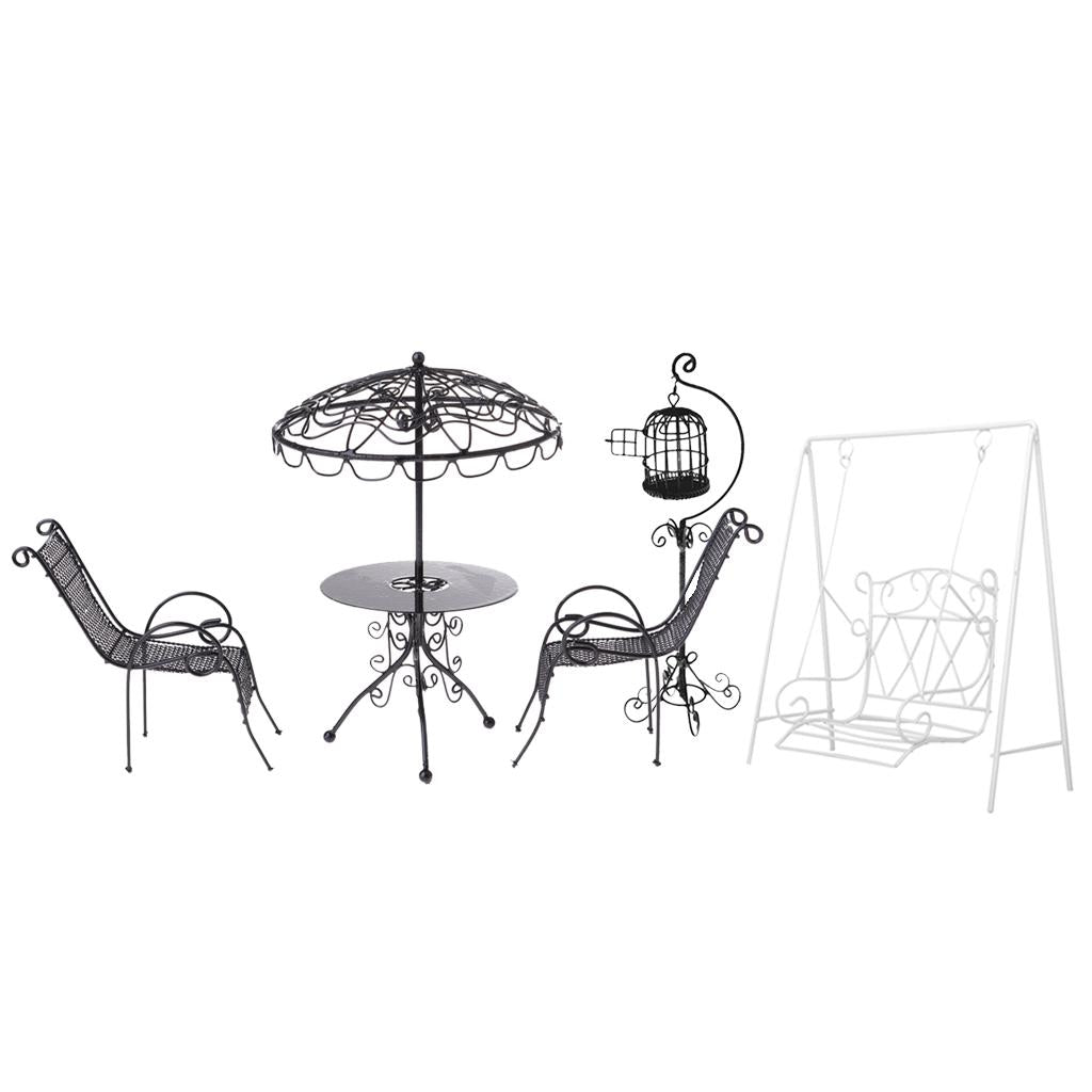 1/12 Dollhouse Miniature Metal Table Chairs Set with Decor Kits Garden Accs
