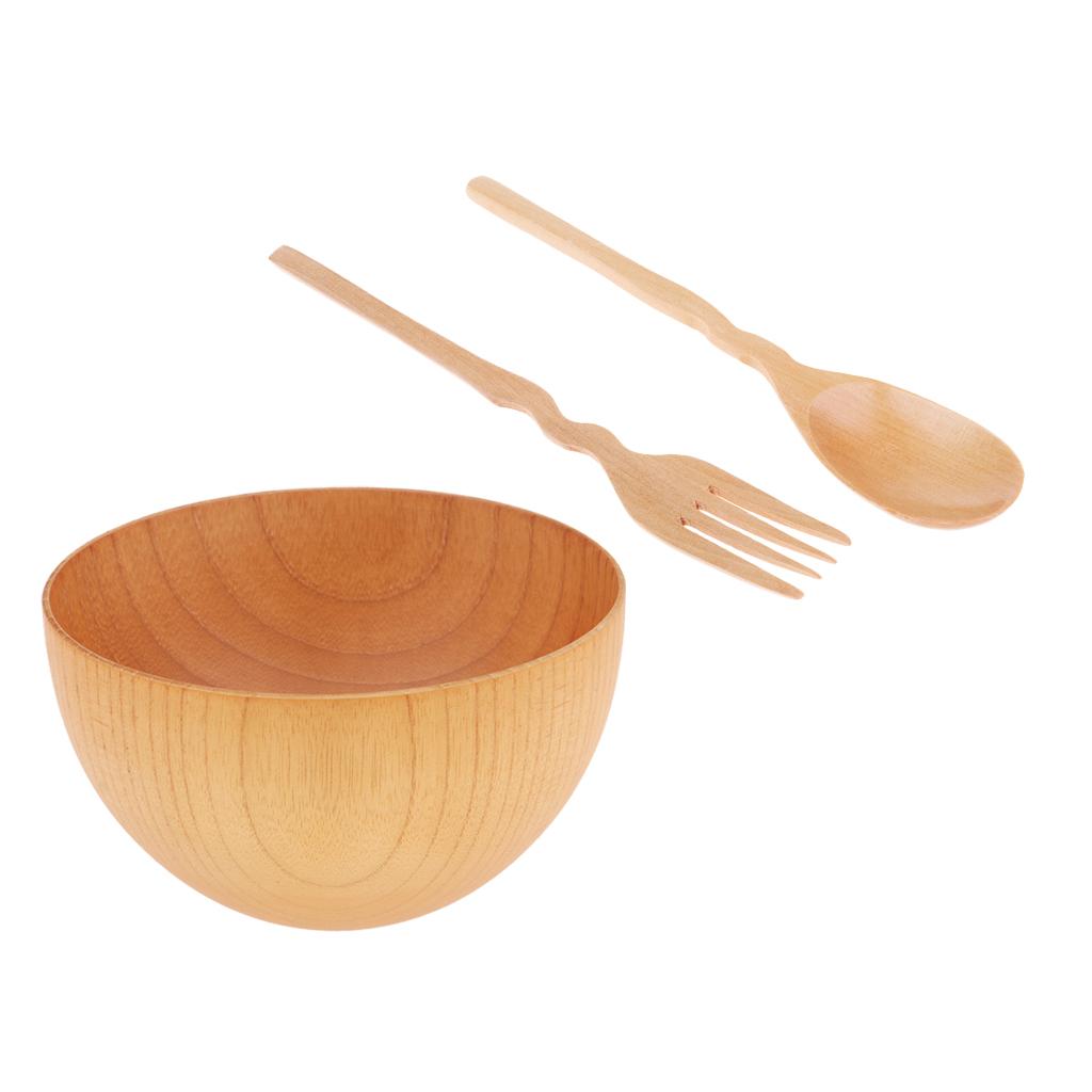 3 Pieces Outdoor Wooden Tableware Bowl Spoon Fork Set for Camping Hiking M