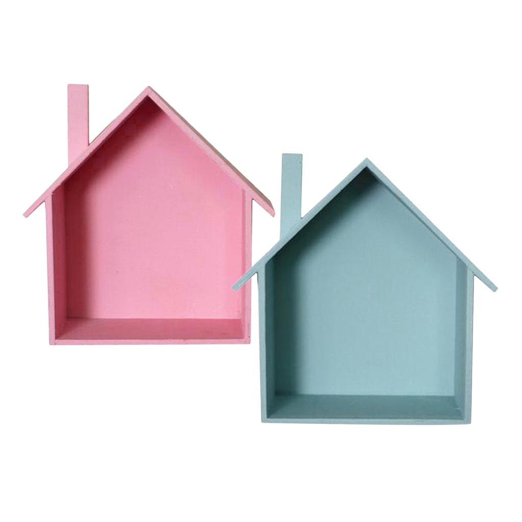 2Pcs House Shaped Shelf Shelves Wood Children Bedroom Craft Decor