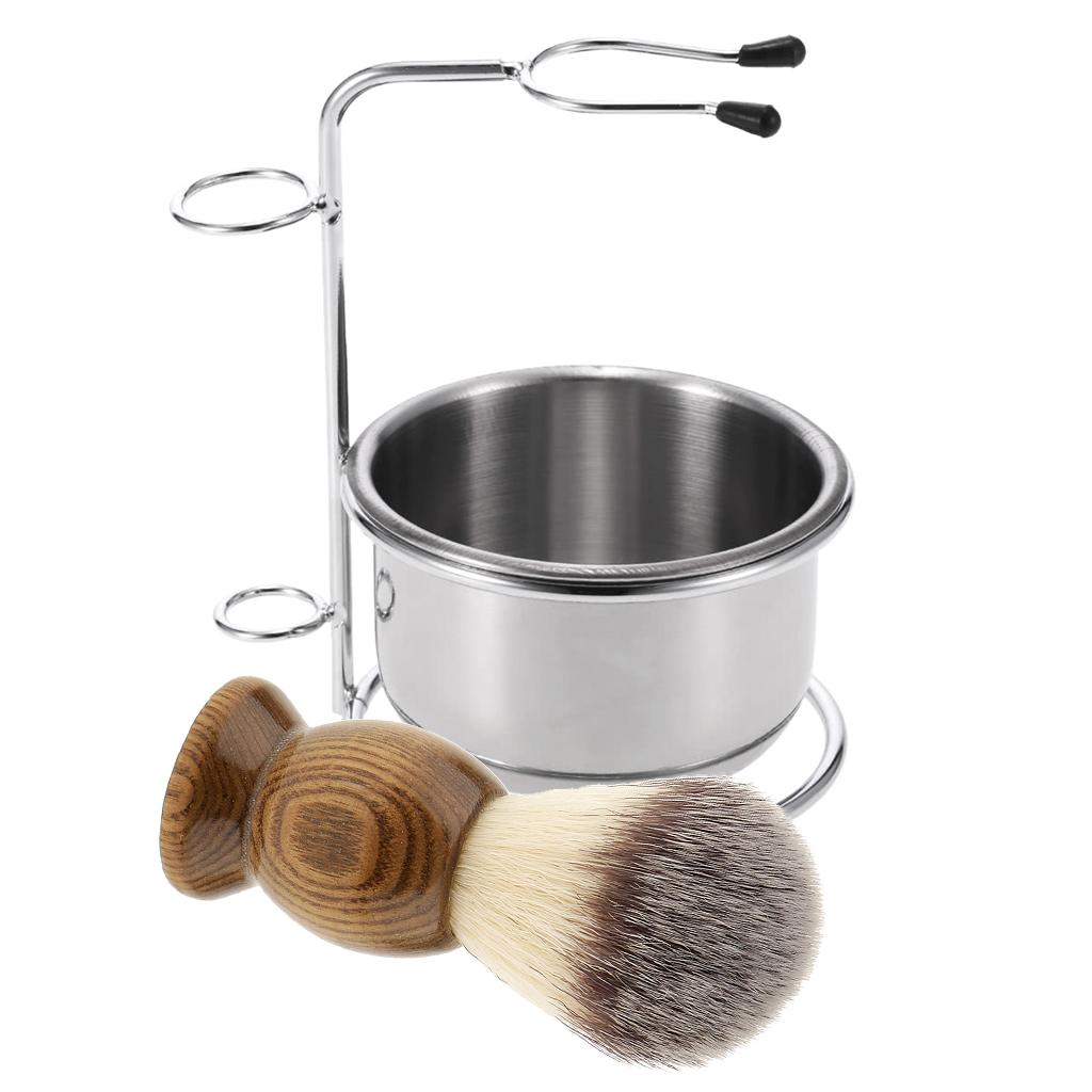 3 Pieces Wood Salon Barber Men Shaving Brush Metal Bowl Stand Holder Set Kit