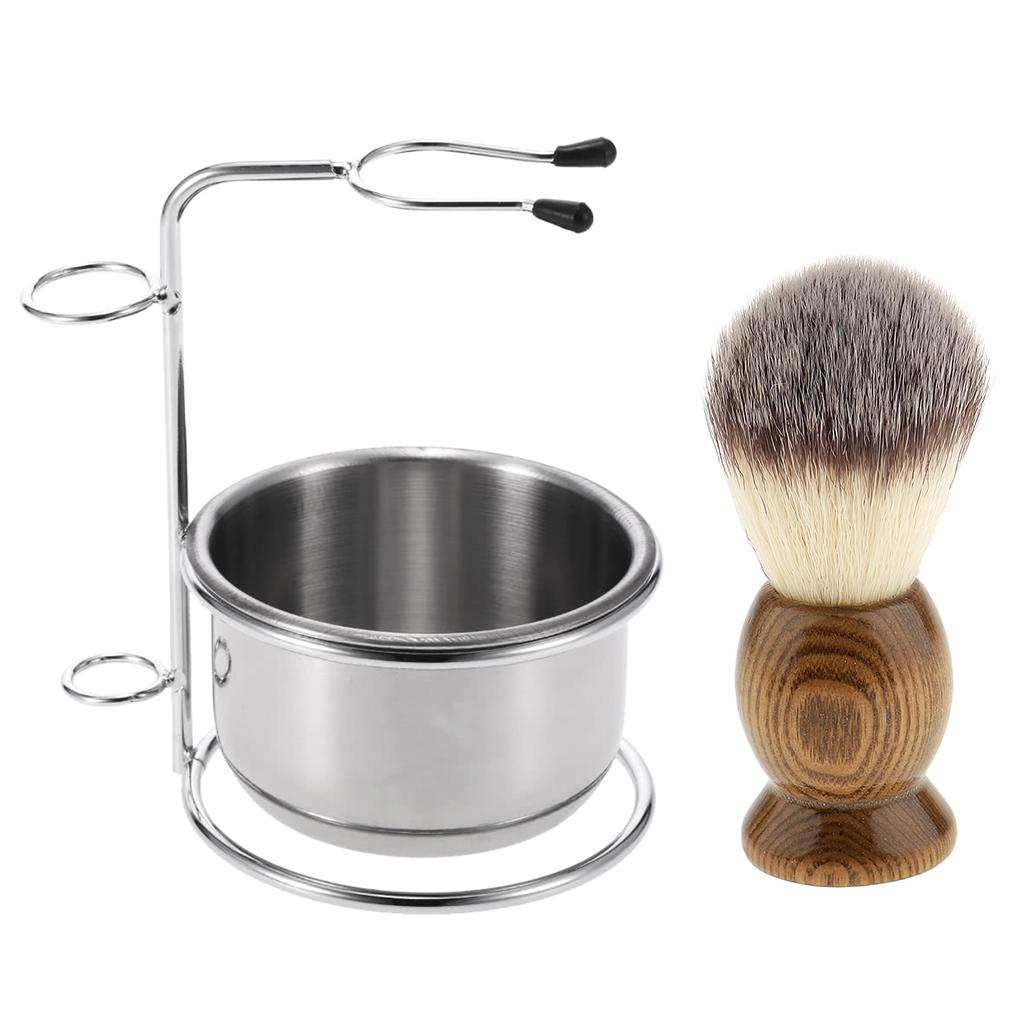 3 Pieces Wood Salon Barber Men Shaving Brush Metal Bowl Stand Holder Set Kit