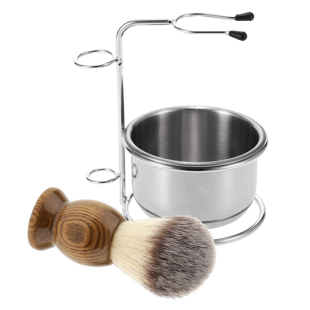 3 Pieces Wood Salon Barber Men Shaving Brush Metal Bowl Stand Holder Set Kit