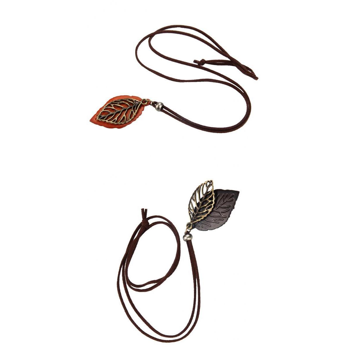 2 Pieces Women Leaves Leaf Pendant Necklace PU Leather Long Sweater Chain